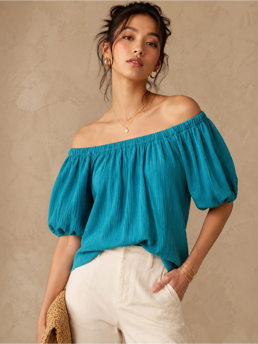 NWT Anthropologie Turquoise Off Shoulder Boho Peasant Blouse Cottagecore XS